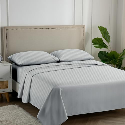Carressa Linen Luxury Egyptian Cotton California King Stripe Sheet Set, 600 Thread Count Extra Long Staple 4 PC Set, Cal King Stripe Sheets, Soft, Cooling Striped Sheets 16 in Deep Pocket - Silver