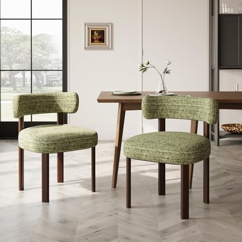 COLAMY Wooden Dining Chairs Set of 2, Fabric Chairs for Dining Room with Open Curved Backrest and Thick Seat Cushion, Upholstered Kitchen Chair with Anti-Slip Pads, Green