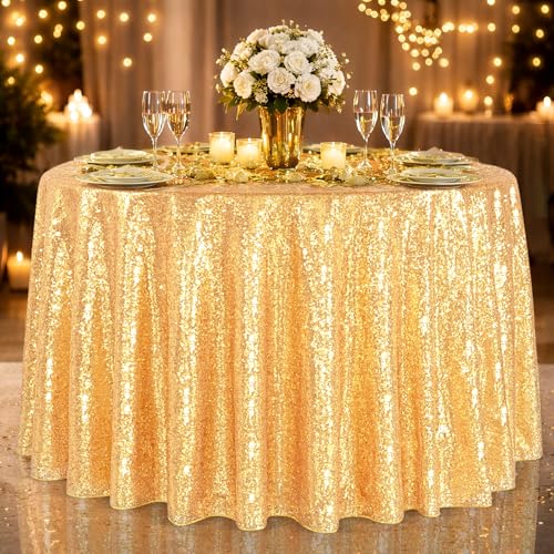 B-COOL Gold Sequin Tablecloth Party Decorations: 90 Inch Round Table Cloth Sequins Fabric Overlay for Indoor Outdoor Dining Parties