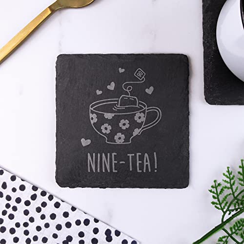 eBuyGB Engraved Square Slate Coaster -Nine-Tea Design - 90th Birthday Gifts for Women, Her - Ninetieth Birthday Gift for Mum, Grandma - Drinks Mat