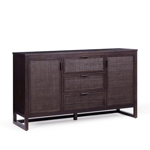 Teamson Home Hatteras 140 cm Wide Sideboard Cabinet with 3 Drawers, 2 Rattan Inset Doors, Mocha Brown Finish and Dining Storage Use, Espresso