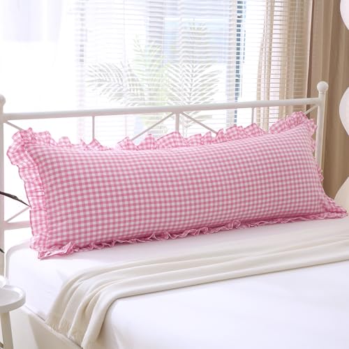 "K MASANIJI Pink White Plaid Ruffle Gingham Body Pillow Cover, 100% Washed Cotton Rustic French Country Vintage Girly Bed Pillow Shams- 20""x54"""
