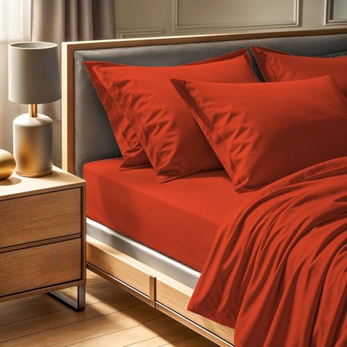 Premium Ranforce Double Fitted Sheet (140 x 190 + 30 cm), Tile Red, 100% Cotton, 145 Thread Count - Machine Washable at 30°C - Soft & Durable Bedding
