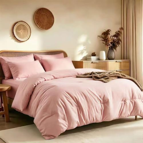 "Quataly King Comforter Set Prewashed Lightweight Quilted Bedding, All Season Breathable Down Alternative Solid Light Pink Comforter (104""x90"") with 2 Pillowcases"