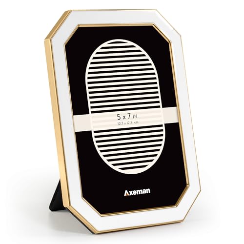 Axeman 5x7 Enamel Picture Frames with Tempered Glass-5 x 7 Modern Octagon Photo Frame with Gold Metal Edge Velvet Back for Tabletop and Wall Mount Display for Shelf & Desk, White