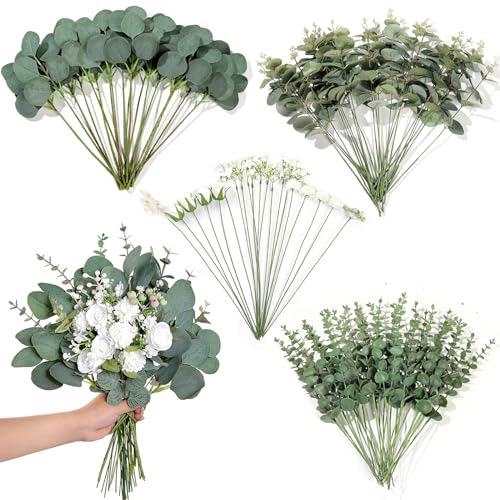 110 Pcs 7 Kinds Mixed Artificial Eucalyptus Stems and Faux Flowers,Fake Silver Dollar Eucalyptus Leaves Stems Bulk Real Touch Leaf Branches for DIY Bouquets Floral Arrangement Wedding Home Decor