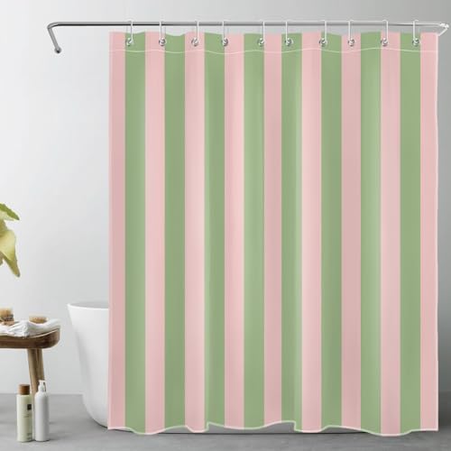 EOBTAIN Pink and Green Striped Shower Curtain for Bathroom Modern Abstract Minimalist Vertical Stripe Shower Curtain with 10 Hooks Vintage Aesthetic Bathroom Curtains Shower Set 72x60 Inch, YL31804