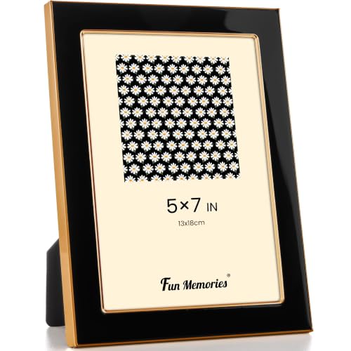 Fun Memories 5x7 Picture Frame - 1pcs Black Enamel Glass Photo Frame with Gold Metal Edge & Easel for Display Picture Frame on Countertops, Tabletops, Bookshelves, Desks, Walls (Black/Gold)