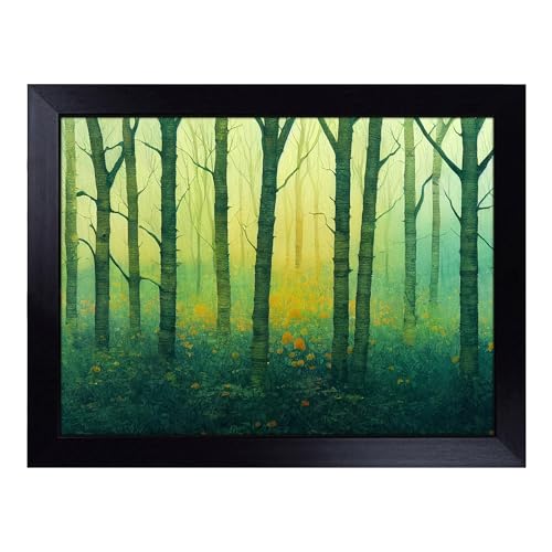 Lap Tray with Bean Bag Cushion, Watercolour Forest Art - Handmade in the UK, Raised Wooden Edge, Padded Cushion, Heat-Resistant Wipe-Clean Surface, for Meals, Laptops and Crafts