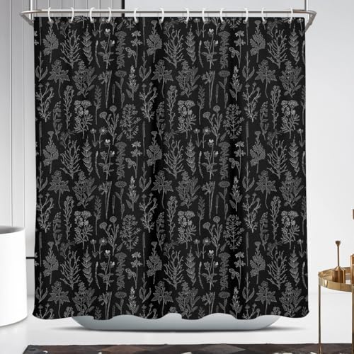 Coxila Vintage Floral Shower Curtain Black Flower Retro Farmhouse Rustic Dark Spring Botanical Plant Country Boho Cute Wildflower Nature Bathroom 72 x 72 Inch Polyester Fabric 12 Pack Hooks