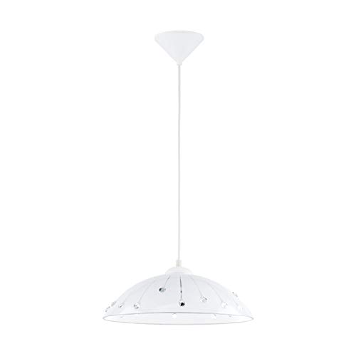 Eglo Pendant Light Vetro, 1-Light Hanging Lamp Classic, Pendant Lamp Made of Frosted Glass, Plastic and Crystal, Dining Table Light in White, Hanging Kitchen Lamp with E27 Socket, Ø 35 cm