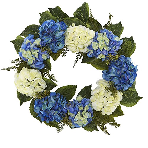 "Nearly Natural Hydrangea Wreath, White,Green, 24"""