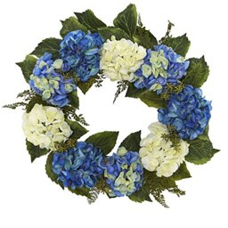 "Nearly Natural Hydrangea Wreath, White,Green, 24"""