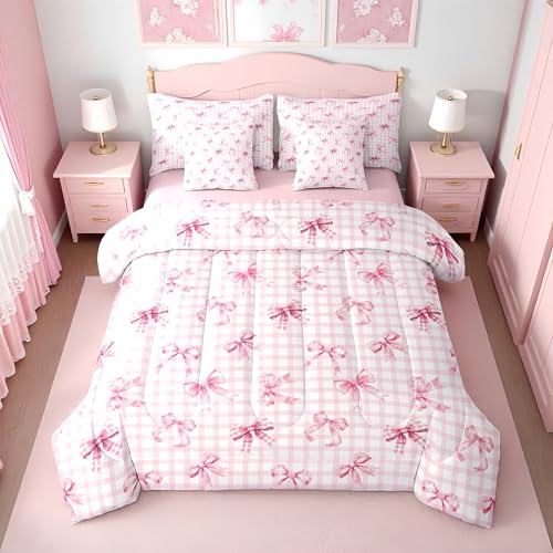 Erosebridal Girls Pink Bow Full Comforter Set with Sheets - Coquette Ribbon Bow Tie Bedding Set 7 Piece for Kids Women, Pink and White Checkered Bed in a Bag, Cute Preppy Bows Fitted Flat Sheet