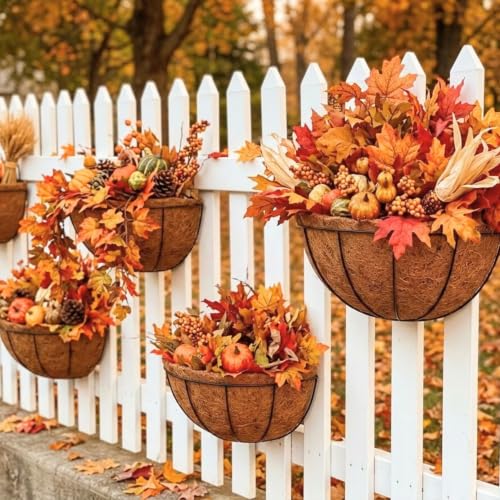 LaLaGreen Wall Planter Outdoor, 4 Pack, 14 Inch Large Wall Hanging Flower Basket with Coco Liner, Vertical Living Wall Mounted Wire Pot Outside Fence Railing Plant Pots Holder Deck Porch Balcony Patio