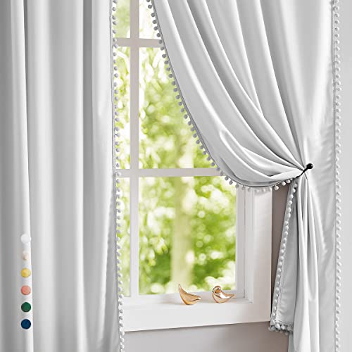 "Treatmentex Pom-Pom Grey Velvet Curtains for Living Room 63"" Luxury Room Darkening Cotton Feel Soft Soft Gray Window Curtain Panels 2PC"