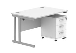 Office Hippo Heavy Duty Contract Grade Office Desk Workstation and Lockable 2-Drawer Pedestal Set, 120kg Weight Tolerance, 5-Year Warranty, FSC Certified, White, Silver Legs, 1200 x 800mm