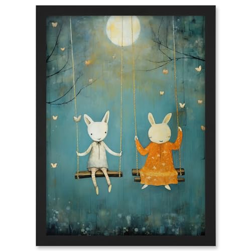 Artery8 Rabbits on a Swing with Moonlit Butterflies Calming Baby Nursery Artwork Framed A3 Wall Art Print