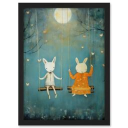 Artery8 Rabbits on a Swing with Moonlit Butterflies Calming Baby Nursery Artwork Framed A3 Wall Art Print