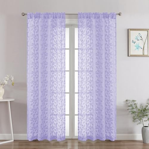"Chyhomenyc Light Purple Sheer Curtains 72 Inches Long 2 Panels Set, Light Filtering Tufted Textured Soft Airy Rod Pocket Elegant Leaf Window Treatment Drapes for Bedroom Living Room, 42"" Wx72 L, 2PCS"
