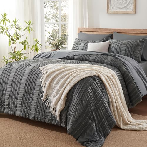 DHSFKBE Dark Grey Tufted Textured Comforter Set Queen Size, 7 Piece Bed in a Bag???Shabby Chic Boho Bedding for Bedroom Comforter???All Season Soft Microfiber Ruffle Comforter Set with Pillow and Sheets