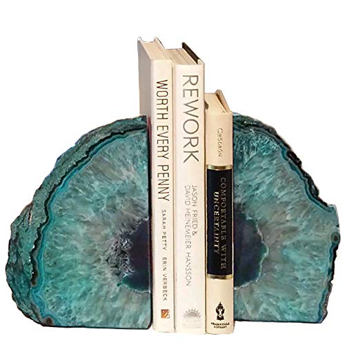 AMOYSTONE Decorative Bookends Agate Polished Art Book end Dyed Teal Small(1 Pairs, 2-3 LBS)