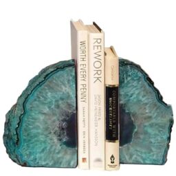 AMOYSTONE Decorative Bookends Agate Polished Art Book end Dyed Teal Small(1 Pairs, 2-3 LBS)