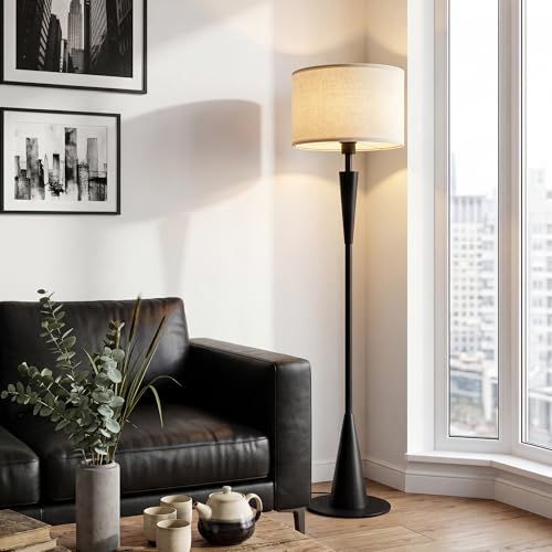 Modern Floor Lamps for Living Room, Standing Lamp with 9W 3 Colour Temperature Bulb, Black Floor Lamp with Foot Switch, Wooden Floor Lamp with Beige Fabric Shade for Bedroom, Lounge & Reading Corner