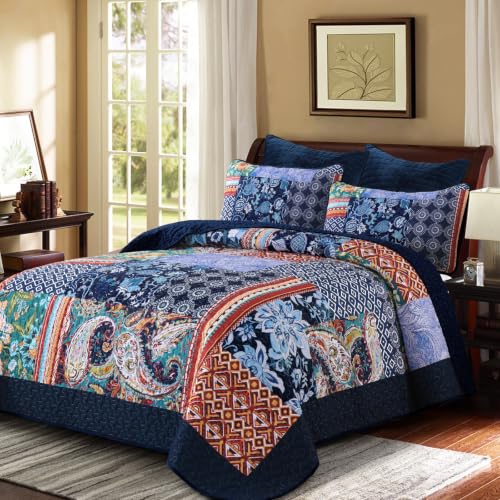 DJY Patchwork Quilt Set California King Size Navy Blue Bedspread Boho Paisley Floral Pattern Quilt Bedding Set, 3 Pieces Blue Bohemian Soft Lightweight Cal King Coverlet for All Season 112''x96''