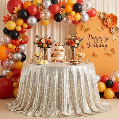 "TCBESTO Champagne Sequin Tablecloth 90"" Sparkle Metal Table Cloth Glitter Table Cover Round for Birthday Parties Showers Weddings Parties Banquets"