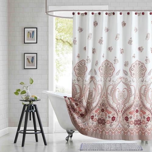 BESTRIPES Long Shower Curtain 72x78 Inch - Water-Repellent Off-White Premium Fabric with Burgundy Terracotta Taupe Paisley Floral Design