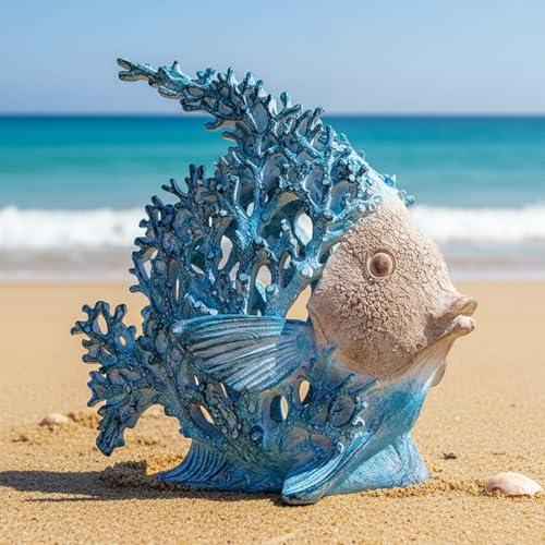 XIYOUQI Sea Coral Fish Figurine ??? 9.8in Coastal Angelfish Sculpture for Bathroom, Shelf or Desk ??? Blue Coral Ocean Decor Statue for Tabletop, Entryway, Office or Beach House Gift