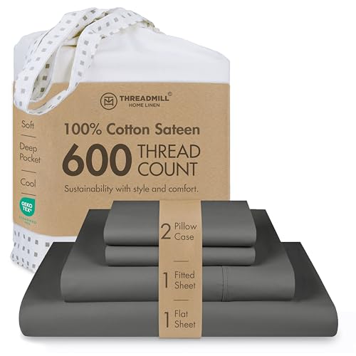 Threadmill Home Linen 600 Thread Count 100% Cotton Sheets, Dark Grey California King Size Sheets 4 Piece Sateen Bed Sheet Set, ELS Combed Pure Cotton Bed Sheets, Fits Mattresses with Deep Pocket