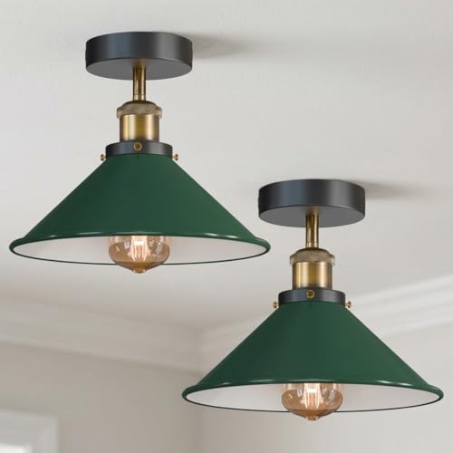 LEDSone 2Pcs Semi Flush Mount E27 Ceiling Light Metal Green Cone Shade with Bulb
