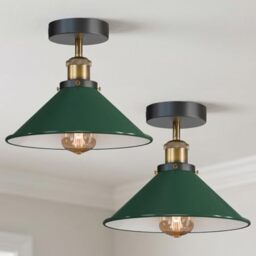 LEDSone Vintage Semi Flush Mount Light Pack of 2 Metal Green Cone Shade E27 Ceiling Lighting Fixture for Farmhouse Kitchen Living Room Hallway Painted Finish Hardwired with Bulb