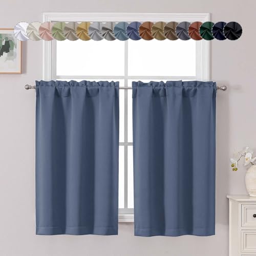 "Chyhomenyc Denim Blue Short Blackout Curtains 45 Inch Length, Small Kitchen Curtain Tier Rod Pocket Half Window Curtains for Bathroom Basement Cabinet Camper RV Bunk, 2 PCS, Each 30"" Wx45 L"