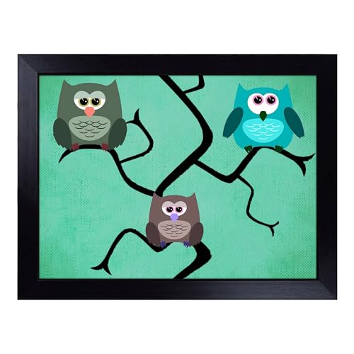 Lap Tray with Bean Bag Cushion, Owls In A Tree - Handmade in the UK, Raised Wooden Edge, Padded Cushion, Heat-Resistant Wipe-Clean Surface, for Meals, Laptops and Crafts
