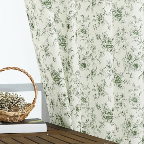 Olive Green Floral Country Cottage Curtains, Linen Sheer Vintage Pattern Print Curtains for Living Room Bedroom Dining Room, 50 Wide x 63 Inch Length, Dark Sage and Beige