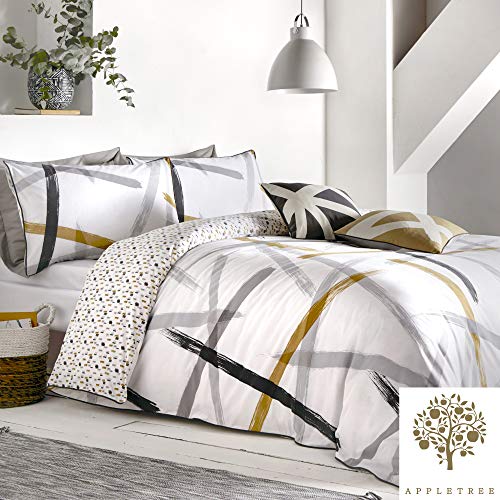 Appletree - Yellow & White Geometric Duvet Cover - King Bedding Size (230 x 220cm) - Soft 100% Cotton - Reversible Design - Piped Edge - Black & Ochre Triangle Shapes Bedding - Contemporary Bed Set