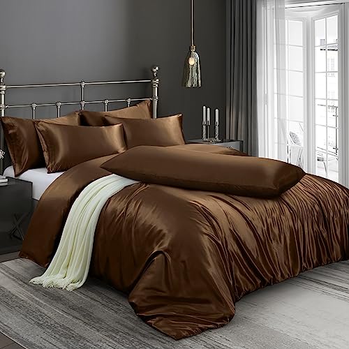 Ersmak 6-Piece King Size Luxury Satin Duvet Cover Set with 1 Duvet Cover, 4 King Pillowcases, 1 Body Pillowcase, Brown