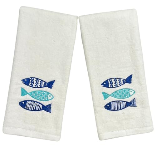 "Serafina Home Summer Soft Absorbent Bathroom Coastal Guest Embroidered Hand Towels: Sealife Blue Fish Design, 2 Piece 16"" x 25"" Inches"