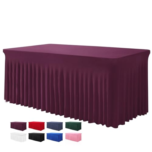 BDDC One-Piece Spandex Table Cover Skirt for 8FT Rectangle Tables - GRS-Certified Eco-Friendly Fabric, Elastic Fitted Ruffle Table Cover Skirt, Washable, For Banquets, Weddings & Parties