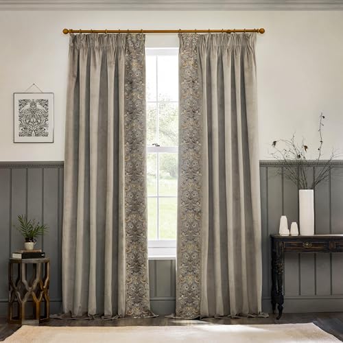Morris&Co. Strawberry Thief Pencil Pleat Curtain Pair – Iconic Bird & Floral Embroidered Lined Velvet Drapes (Biscuit - 168x229cm)