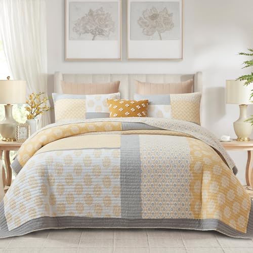 Finlonte Twin Size Cotton Quilt Set, Real-Patchwork Farmhouse Floral Bedspreads for Twin Size Bed, Yellow Grey White Lightweight Reversible Bed Quilt for All Season, Bedding Set 2 Pieces