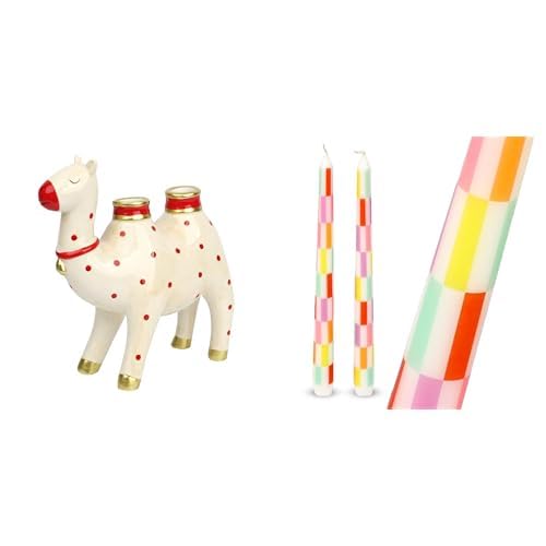 Ceramic Camel Candle Holder & Checkered Tapered Dinner Candles Bundle