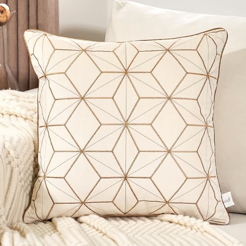 Aeckself White Velvet Pillow Cover 20 x 20 Inch, Luxury Modern Square Gold Plaid Geometric Embroidery Decorative Throw Pillow Cover for Couch Living Room Bedroom
