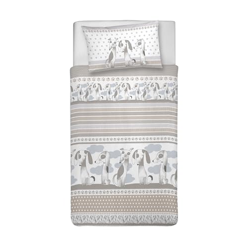 PENSIERI DELICATI Single Duvet Cover Set, 100% Cotton, Complete with 155 x 200 cm Bag and 1 Pillowcase 52 x 82 cm, Made in Italy, Duvet Cover Machine Washable At 40 Degrees, Baubau Beige Design