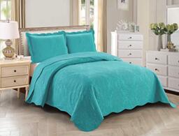 Kids Zone Home Collection, Over Size, Elegant Vintage Floral Pattern Embossed, Light Weight, Scalloped Edges, Bedspread Set, Solid, #Stacy, 3 Pieces, Full/Queen, Turquoise