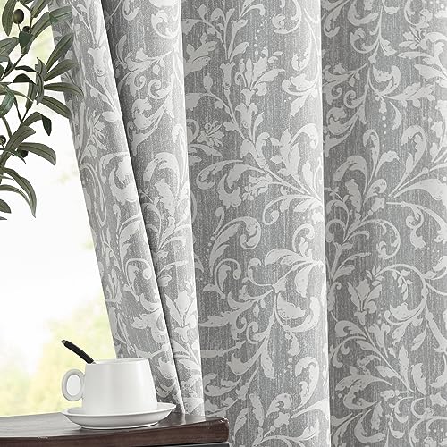 Vangao Grey Floral 100% Blackout Curtains 84 Inch Vintage Grommet 2 Panels - Room Darkening, Thermal Insulated, for Bedroom, Living Room, Farmhouse, Window Treatment, Painterly Botanical Print