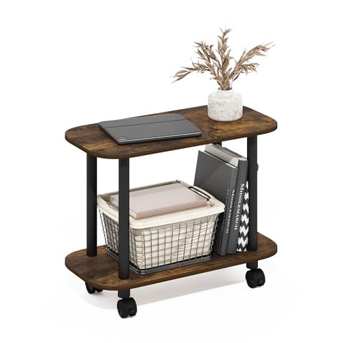 Furinno TURN-N-TUBE Side Table, 2-Tier Oval Sofa End Table with Wheels, Round Corner Night Stand, Bedside Table with Open Shelf, Toolless Assembly, for Living Room, Bedroom, Amber Pine